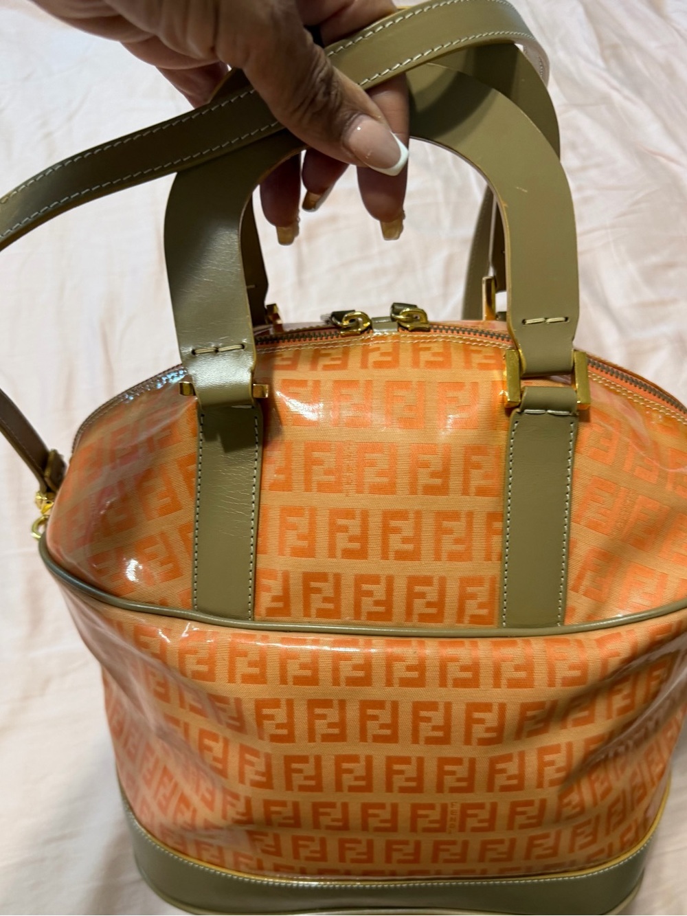 Fendi Orange FF Monogram Dome Tote with Olive Trim